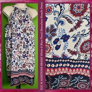 EUC M Sheath Dress White & Blue Floral Sleeveless long back neckline ties
